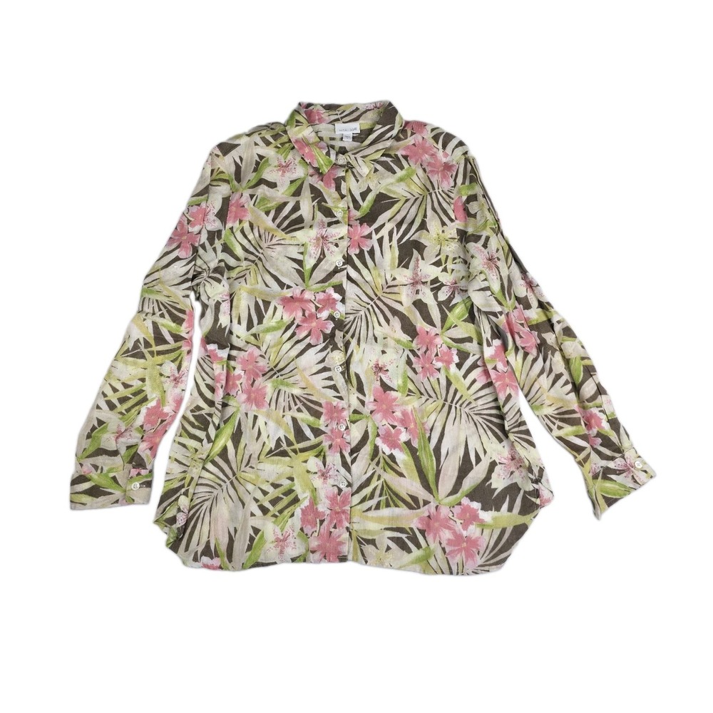 J.Jill Love Linen Top Womens Large Long Sleeve Tropical Floral Blouse Button Up